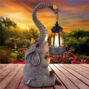 Solar Outdoor Garden Statues Lights, Elephant Figurines with Cute Birds